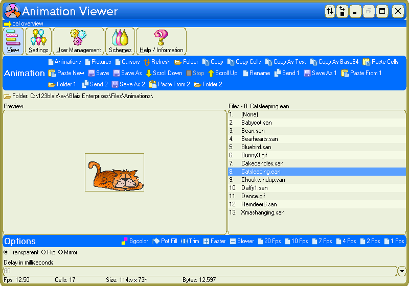 Select animation to view in realtime / adjust basic properties