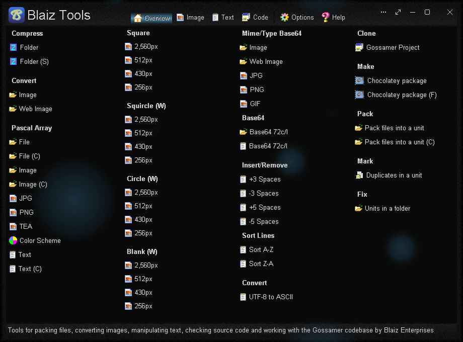 The Overview panel offers a concise set of tools covering a broad range of common actions