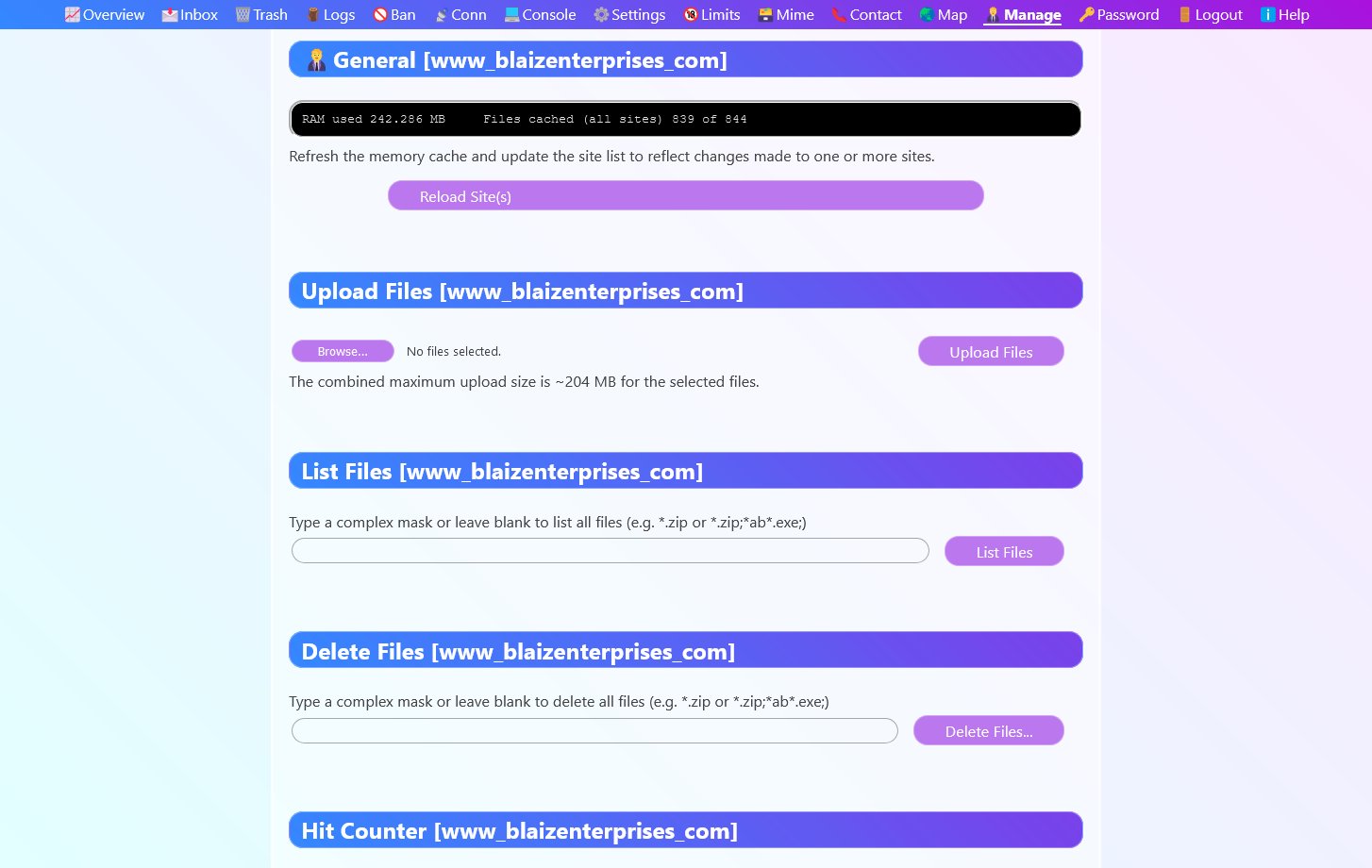 Modify a website's contents by uploading files from your hard drive. Delete unwanted files. And list files to see what's where. And easily adjust its hit counter.