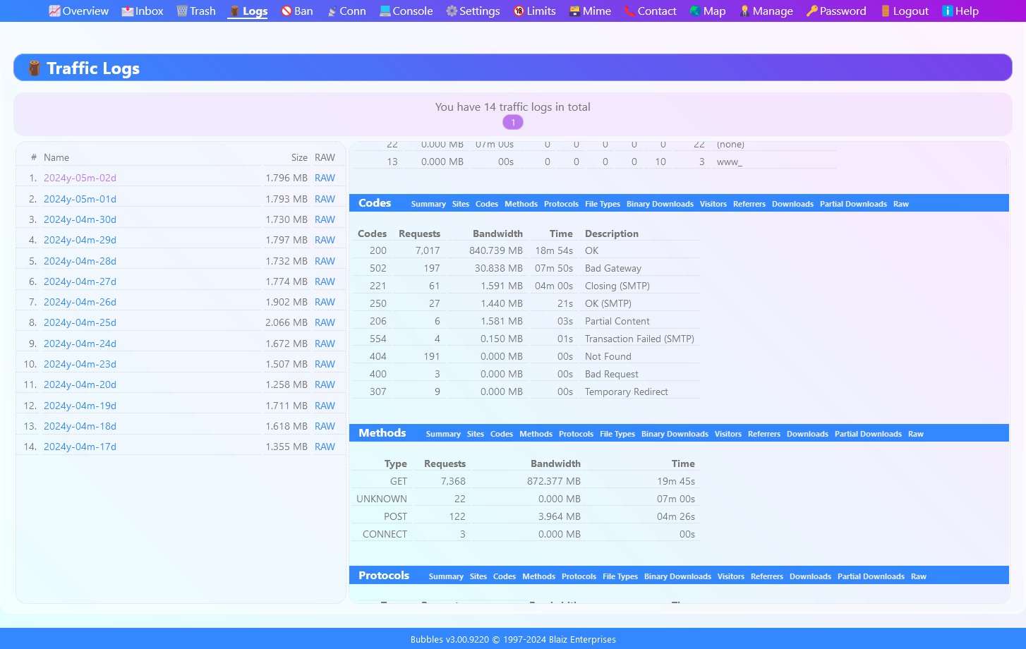 Click on a traffic log in the left panel to view a realtime report on the right.