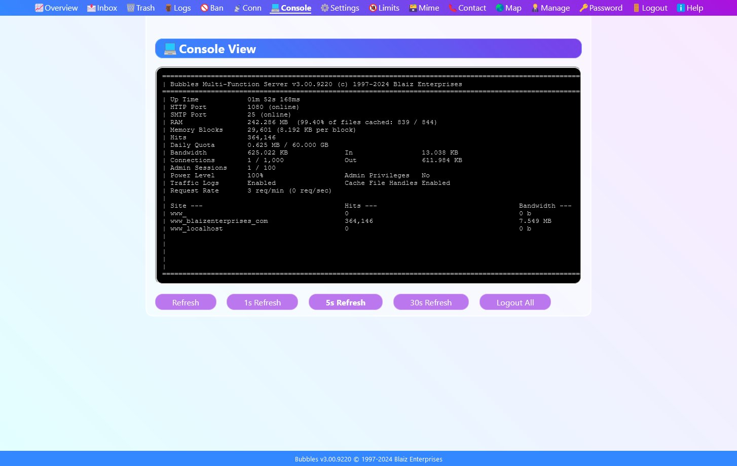 View technical information in realtime in a virtual command prompt window.