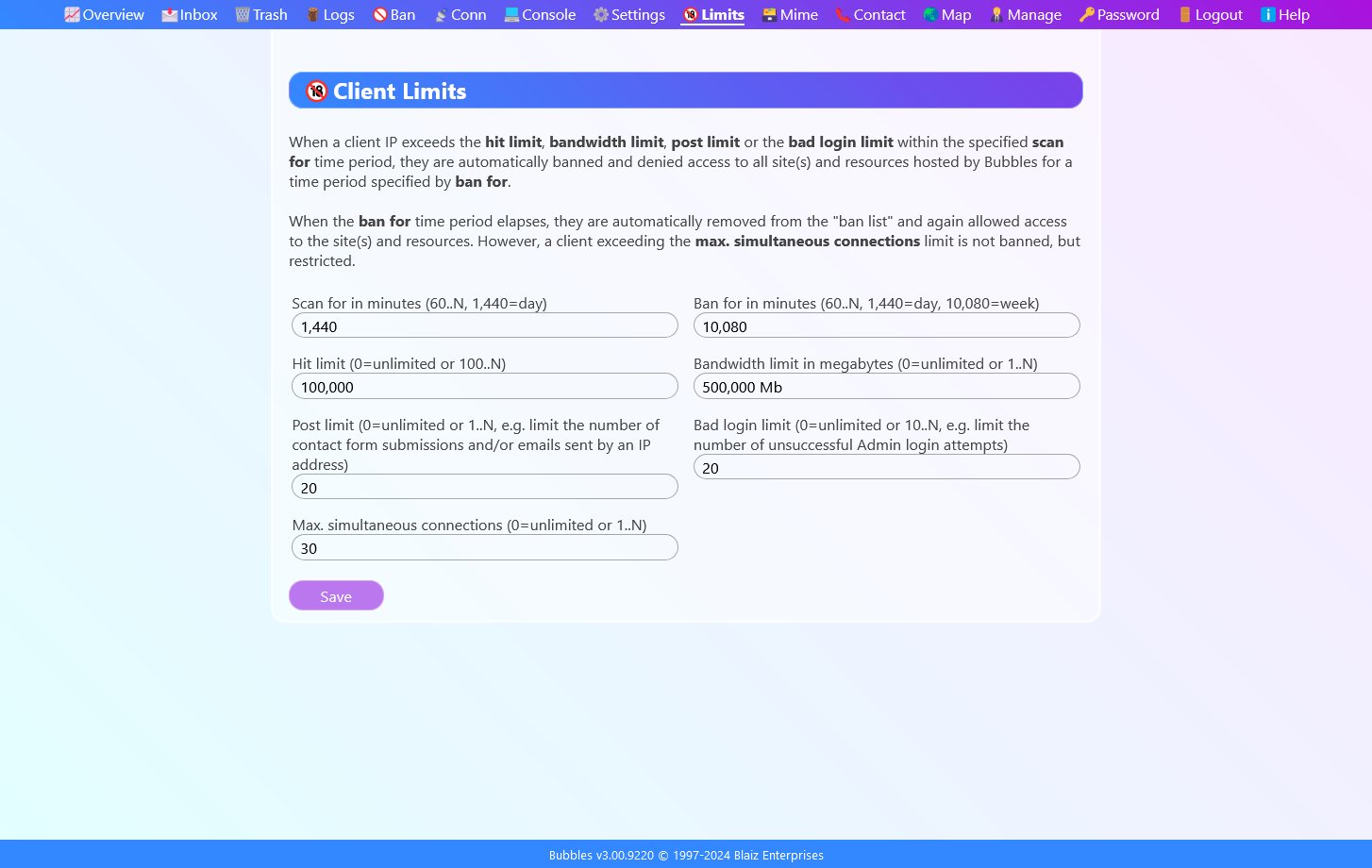Apply limits to how a client's web browser accesses your website(s). For instance, bandwidth and hit limits.