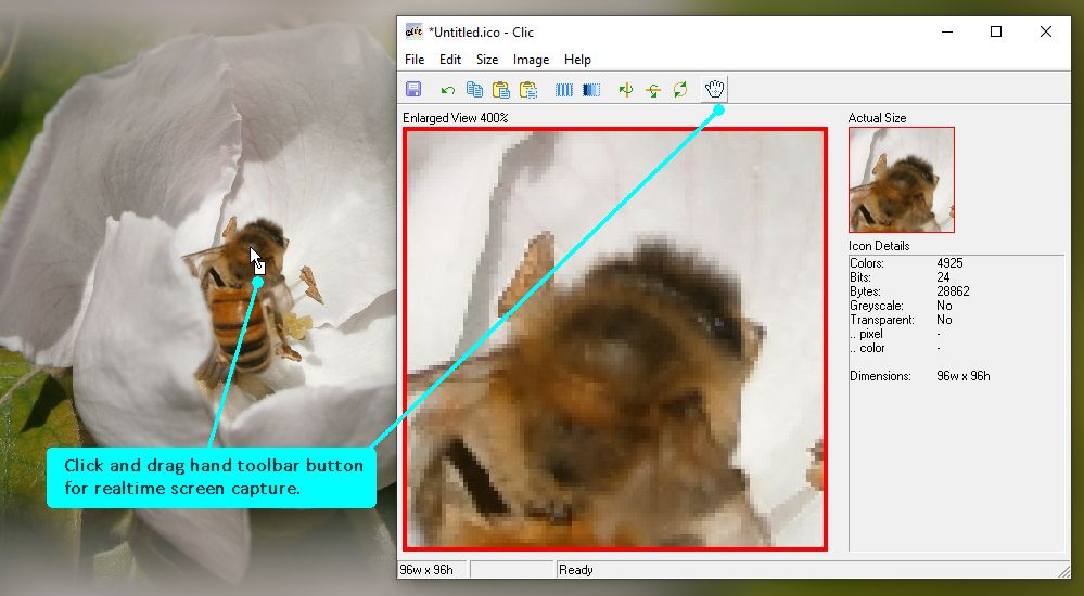 Screen capture in realtime by dragging toolbar "hand" button