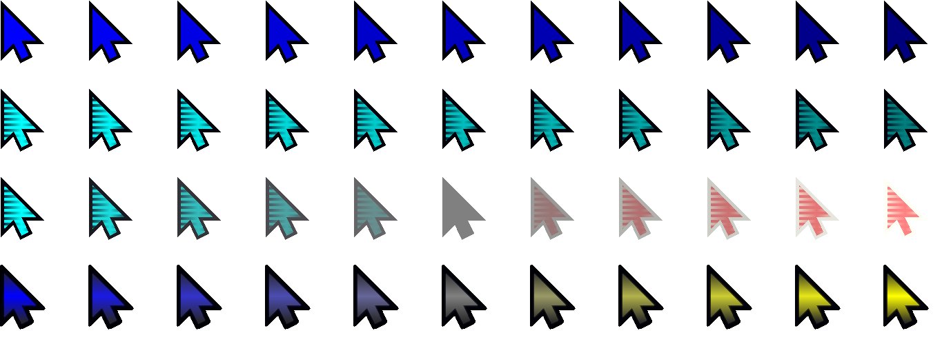 Blowup view of four example animated cursors and their graphic cells