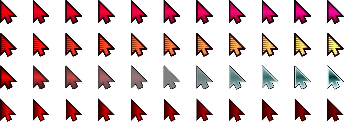 Blowup view of four example animated cursors and their graphic cells
