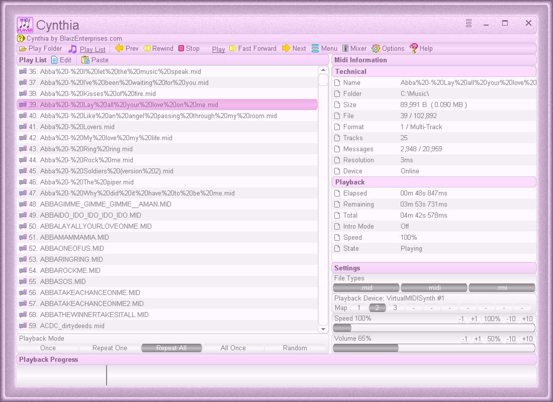Cynthia playing through a large list of midis on Windows 10