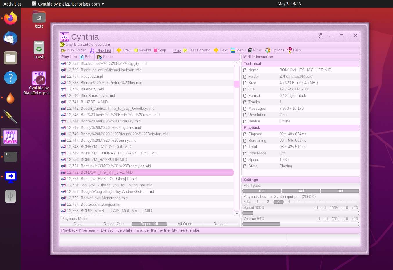 Cynthia playing on Ubuntu v20 with Wine