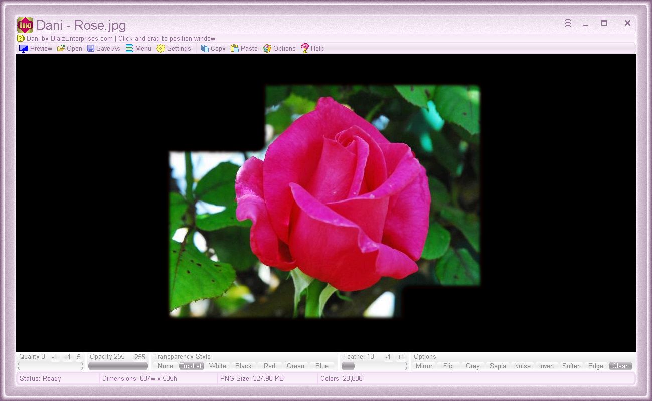 "Red" pixels made transparent, "Clean" option for fuzzy pixel removal, and a slender feather to soften the image's edges