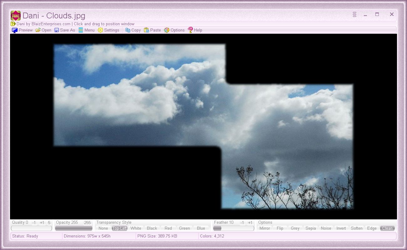 Example image with light-blue color made transparent and "Clean" engaged for fuzz removal and a small feather to soften transparent edges