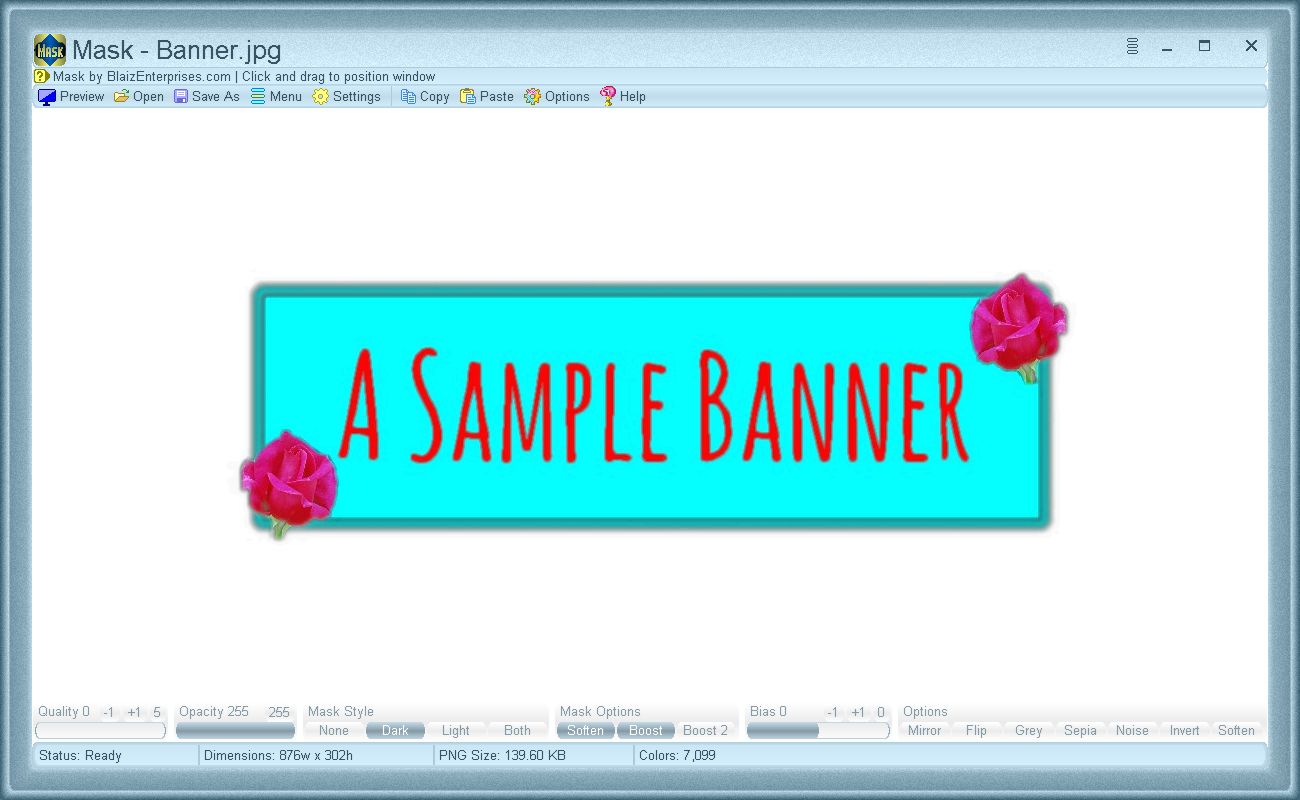 Sample image "Banner.jpg" made transparent. Quality is set to "0" reducing PNG size from 215K down to 139K.