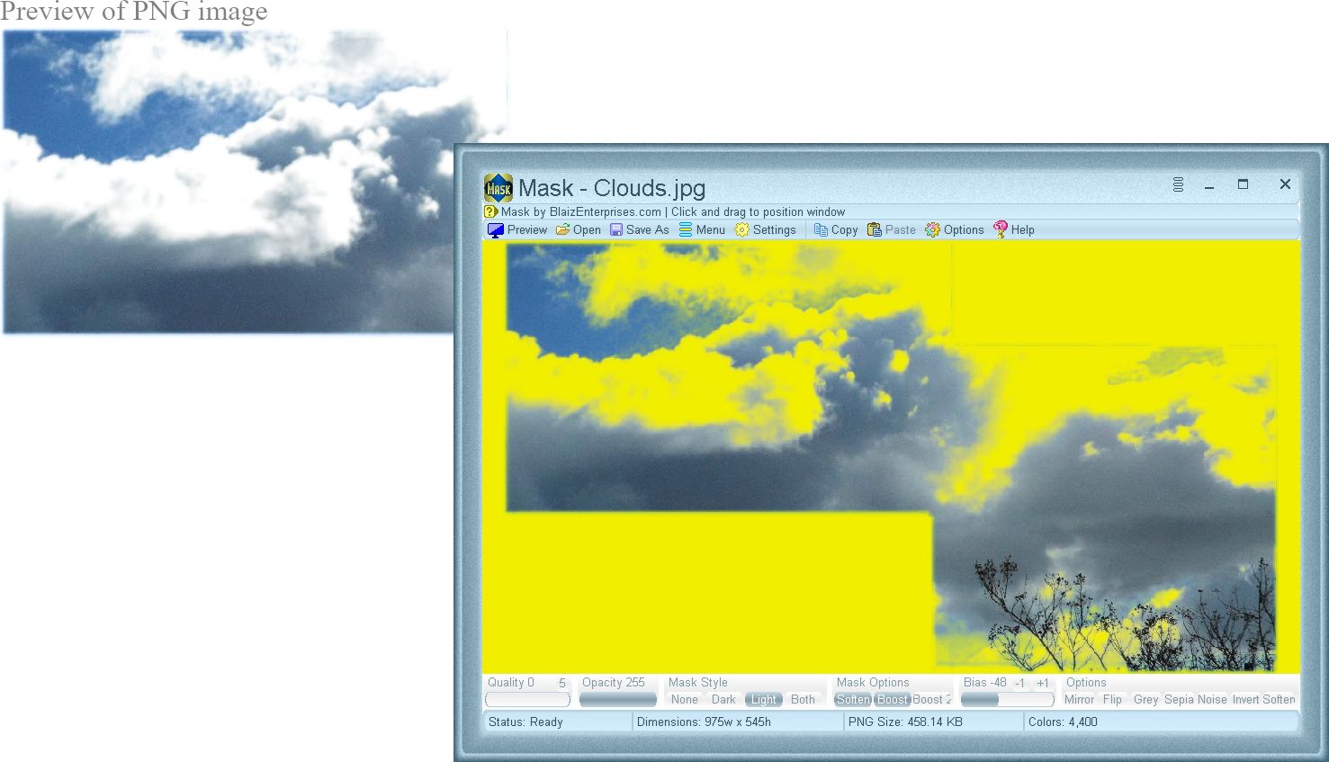 Playing around with various masking styles and options can produce quite different results. The clouds are translucent and allow color to show through.