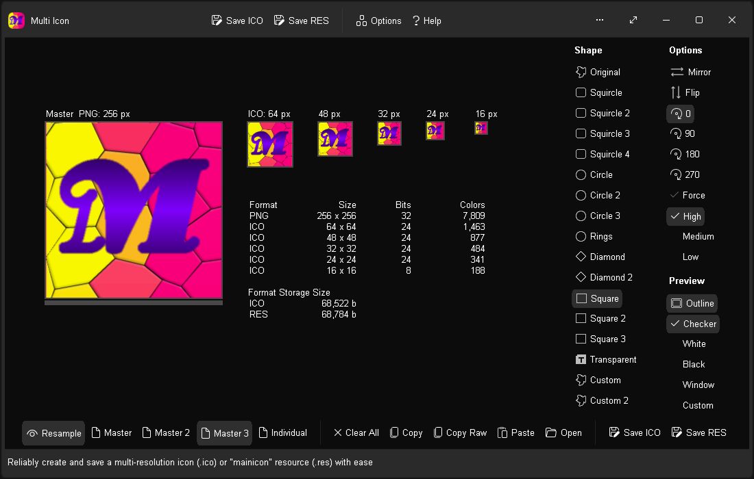 No shape used (solid icon), lower resolution images automatically drop to 24bit or less