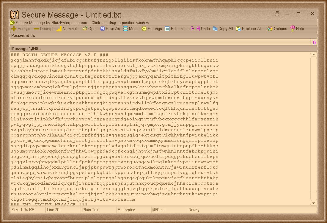 Sample encrypted message pasted into Secure Message but not yet revealed