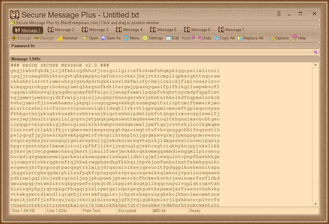Sample encrypted message pasted into work panel 1 of Secure Message Plus but not yet revealed