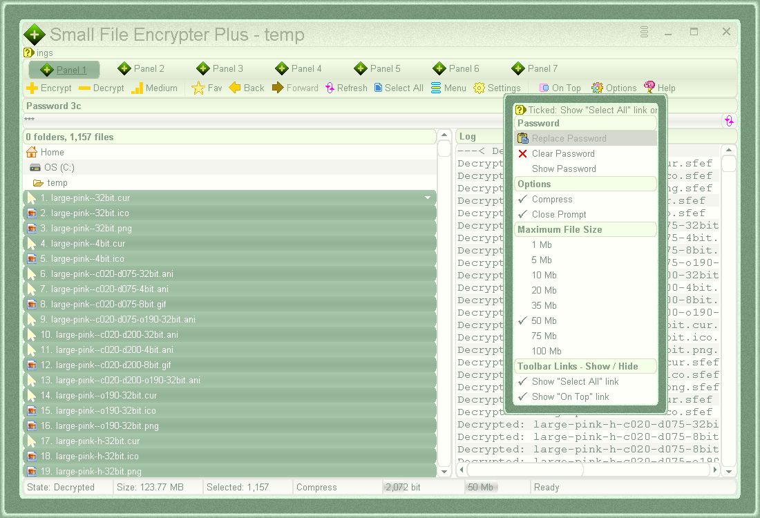 Showing Settings menu in work panel 1